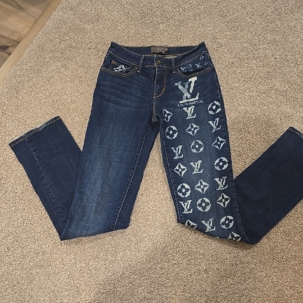Dark Blue Flare Jeans with LV iconic Pattern - Picture 2 of 8